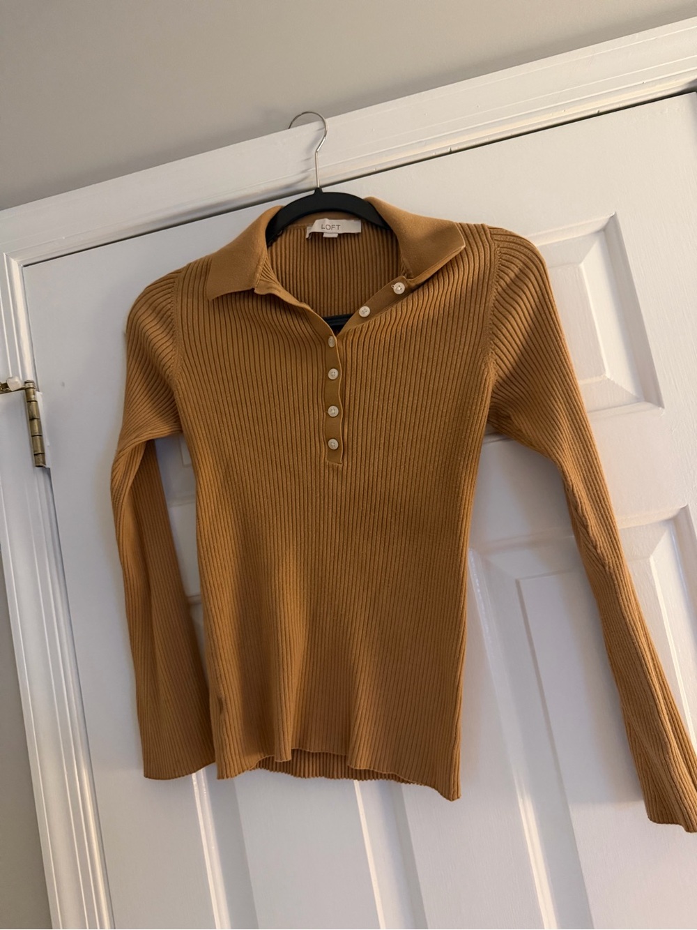 LOFT Ribbed Button-Front Long Sleeve Polo in Camel